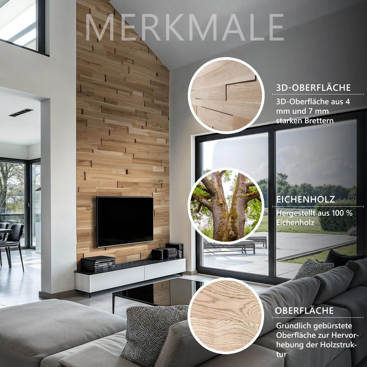 Wandverkleidung aus Eiche, 3D Wandpaneele, Wooden Wall Design, model OZO Rustic (1m2)