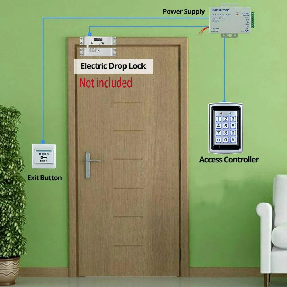 YAVIS RFID Metall Codeschloss Türöffner Tastatur Zugangskontrolle System Kit Set 125 kHz EM Kartenleser Weigang 26 + Wasserdichter Regen Cover + Netzteil + Exit-Taste + 10 RFID ID Schlüsselanhänger