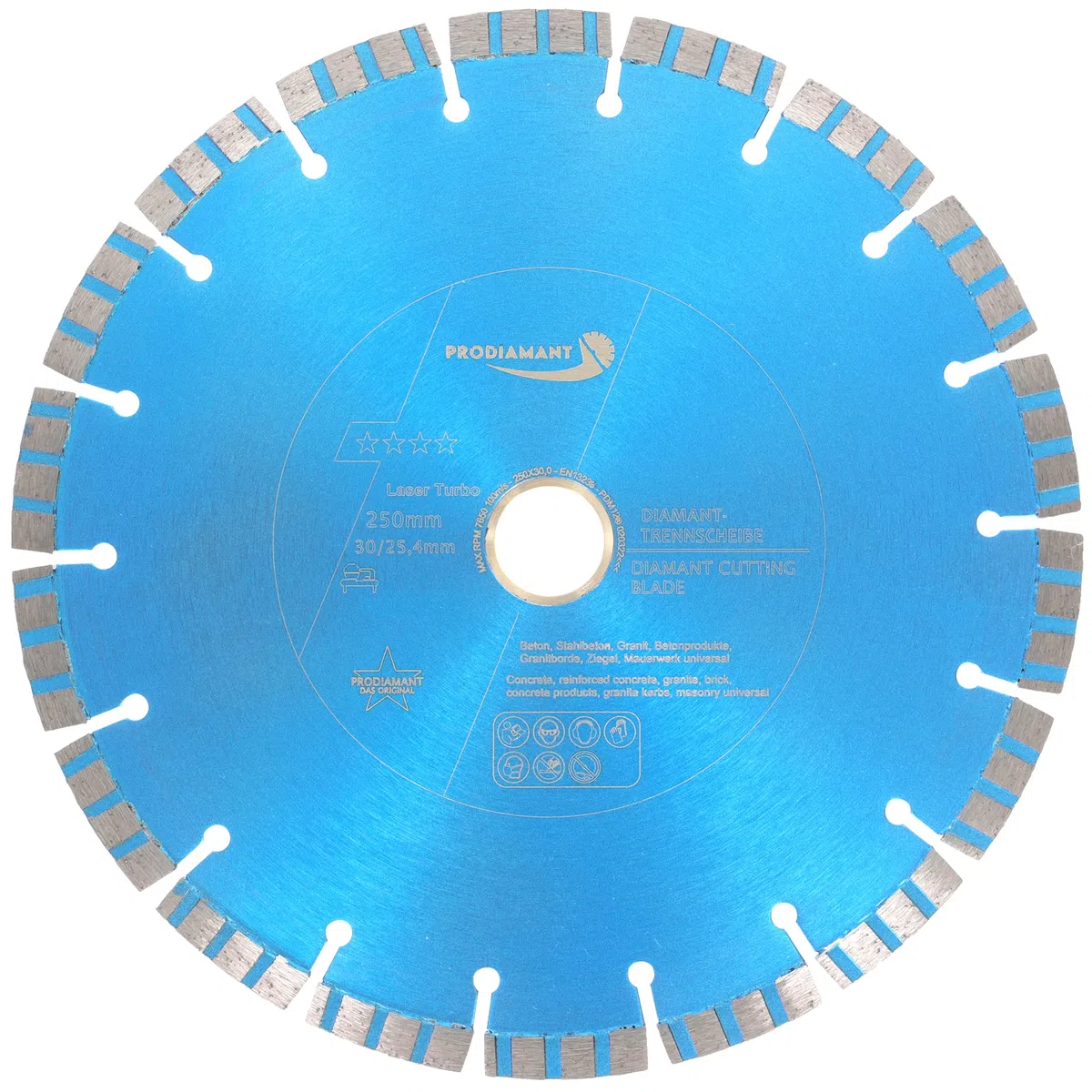 PRODIAMANT Laser Diamanttrennscheibe 250mm x 30 mit Ring 25,4mm Beton Stahlbeton Stein und Ziegel Diamant Turbo-Segmente lasergeschweißt