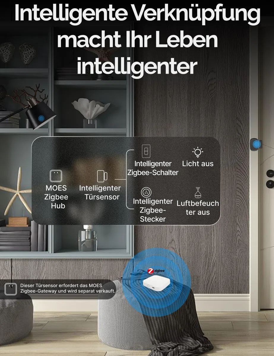 MOES Smart Tür - und Fenstersensor,MOES/Tuya ZigBee Hub erforderlich,Drahtloser Detektor für Alarmanlage, Smart Life/Tuya App,Kompatibel mit Tuya-Geräte, Alexa,und Google Assistant,Schwarz 3P