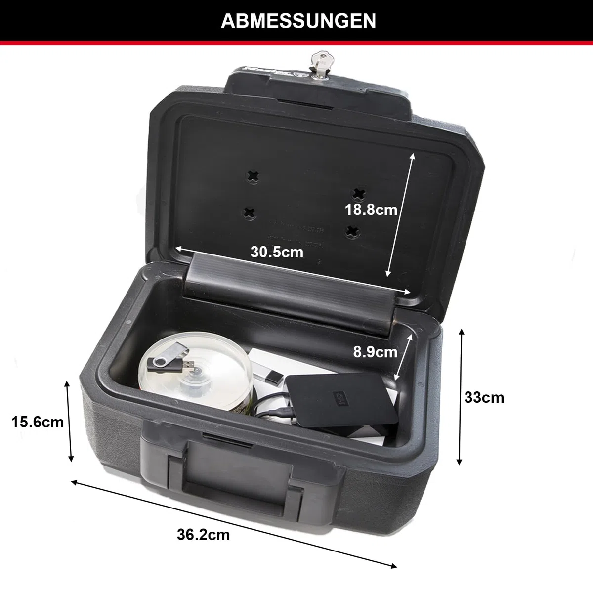Master Lock Tresor Feuerfest und Wasserdicht mit Schlüssel, Dreifacher Schutz - Flug, Feuer und Flut, 4.9L, 15.6 x 36.2 x 33 cm
