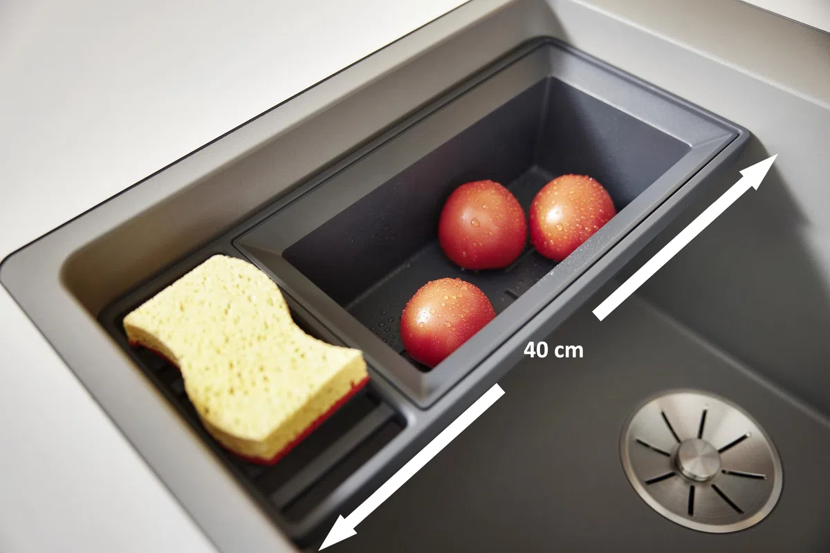 BLANCO Sink Drainer 2-in-1 | Kunststoff schwarzgrau | Multifunktionale Rahmen- und Resteschalenkombination mit integrierter Abtropffläche | bei allen Silgranit Spülen (40cm Tiefe) | [18x39,5x10,3 cm]