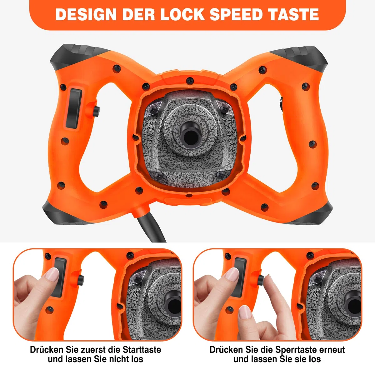 Orange Rührwerk mit starken 2600 Watt – Farb-Mörtelrührer Betonrührer – robustes 6-Gang-Metallgetriebe – Mit großem Rührquirl Ø120 mm und ergonomischem Griff - Rührwerk Handrührwerk