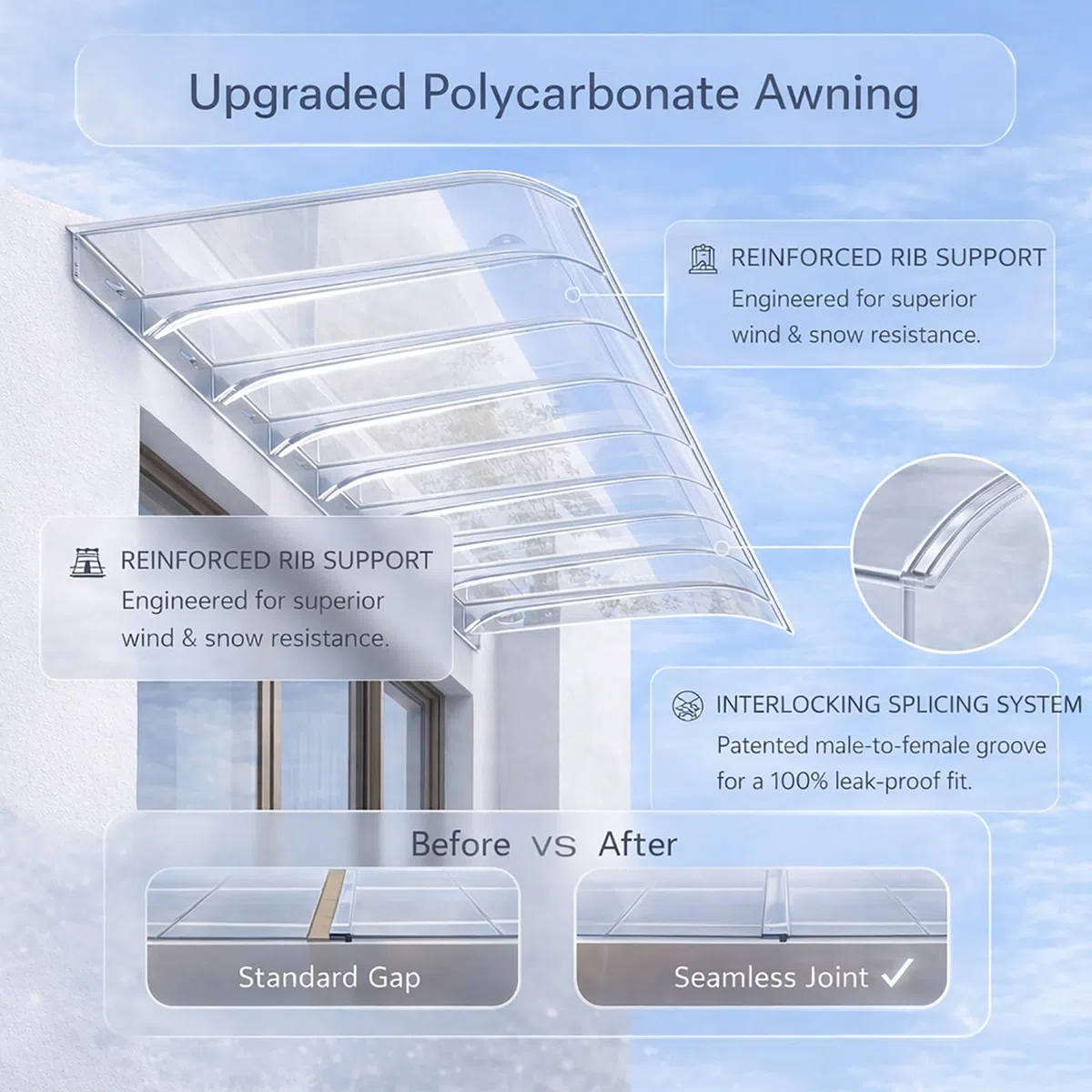 Vordach für Haustür Fenstervordach 40x80cm 50x100cm 60x120cm, Transparent/Braun 3.5mm Polycarbonat Pultbogenvordach, Balkon Eingangstür Überdachung für Sonnenschutz und Regenschutz(Klar,50x100cm)