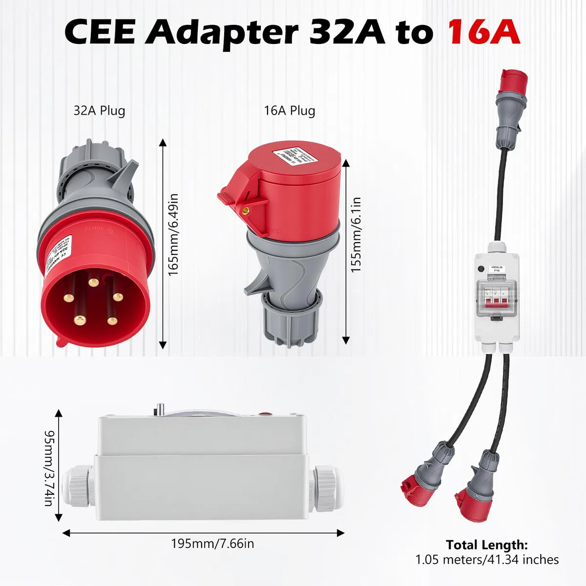 CEE Adapter 32A auf 16A x 2, Starkstrom Verteiler mit Leitungsschutzschalter, 3-phasig, 400V, Reinem Kupfer 5-polig IP44 CEE Stecker mit Schutzabdeckung, für Baustelle Werkstatt Industrie Caravan Wohn