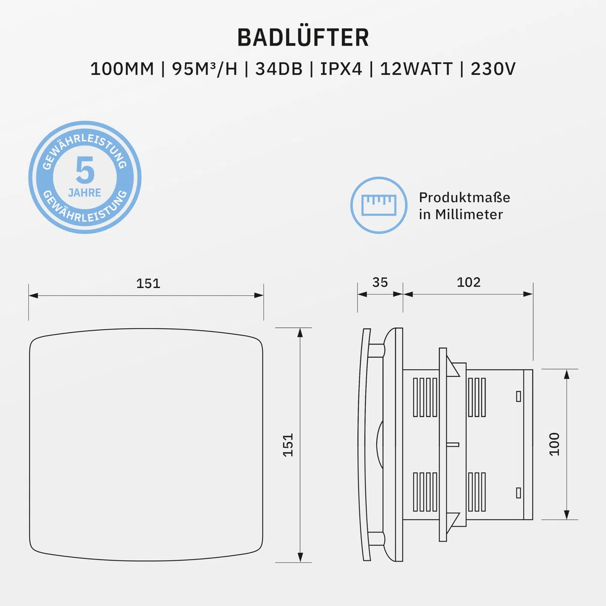BREEZE Badlüfter 100mm Mit Nachlauf Und Rückstauklappe, Badlüfter Mit Feuchtigkeitssensor, Energieeffizient, Leise, Kunststoff 12 W, 95m³/h, 32db, Ipx4