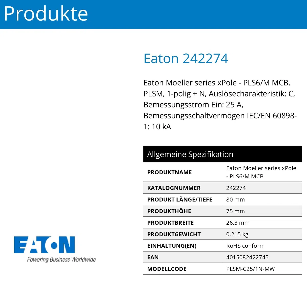 Eaton PLSM-C25/1N-MW Leitungsschutzschalter 25A 1P+N 1-polig+N C-Charakteristik LS-Schalter (242274 alt 244802)