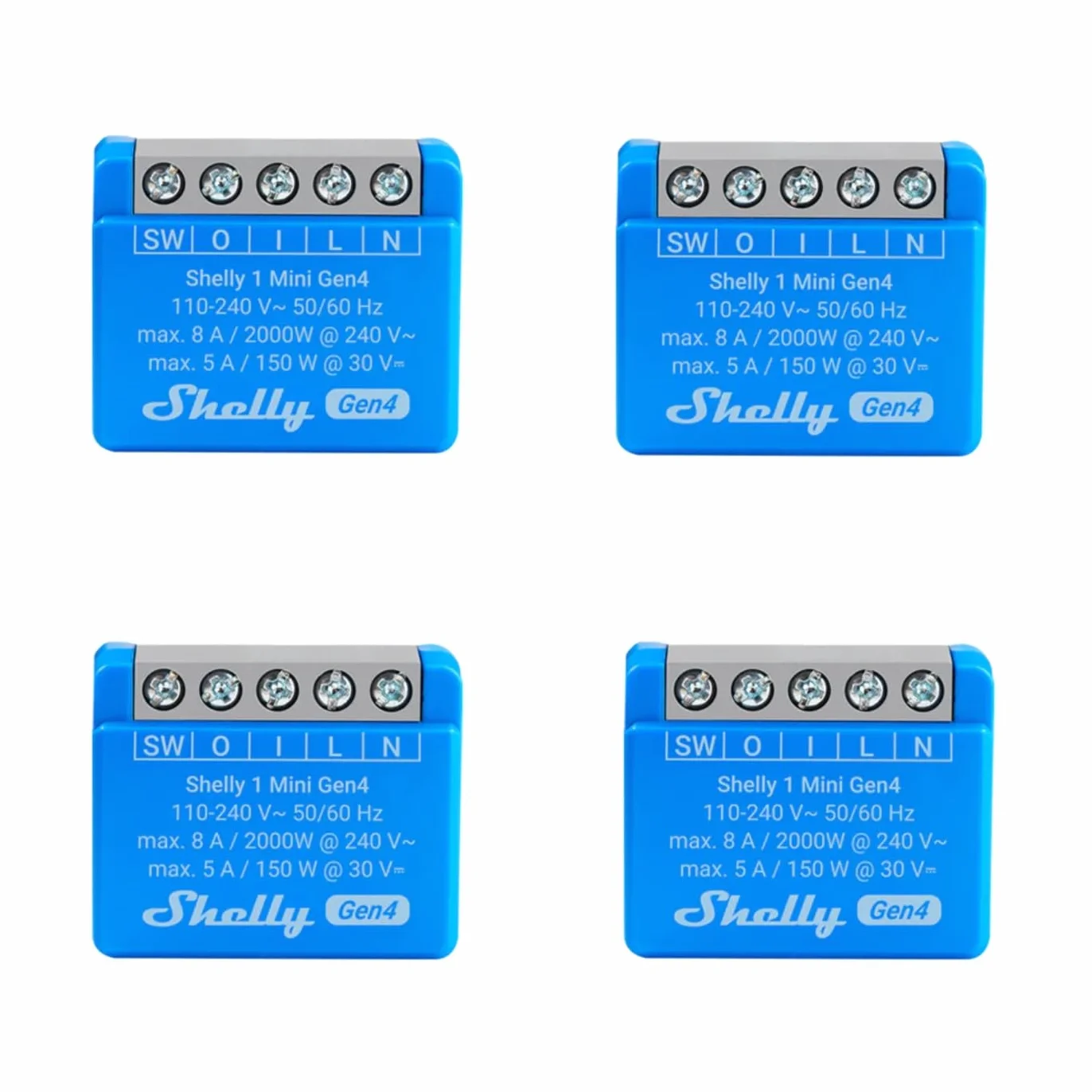 Shelly 1 Mini Gen4, 4er Pack, WLAN-Smart-Relaisschalter, 1 Kanal, 8A, Potentialfreier Kontakt, Hausautomation, Fernsteuerung, Kein Hub Erforderlich, Alexa, Google Home, Apple HomeKit, Zigbee & Matter