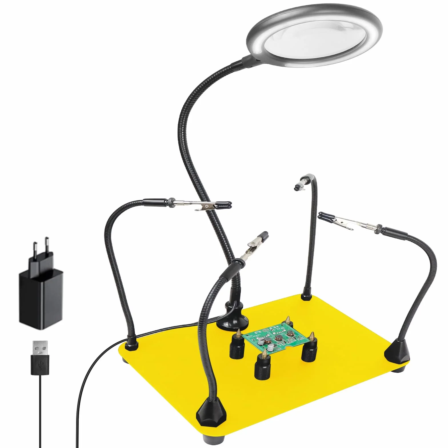 Magnetische helfende Hand, lötende Dritte Hände mit 3X LED Lupenlampe, 4 PCB Säulen Leiterplattenhaltermit mit Flexible Metallarme Elektronisches Reparaturwerkzeug