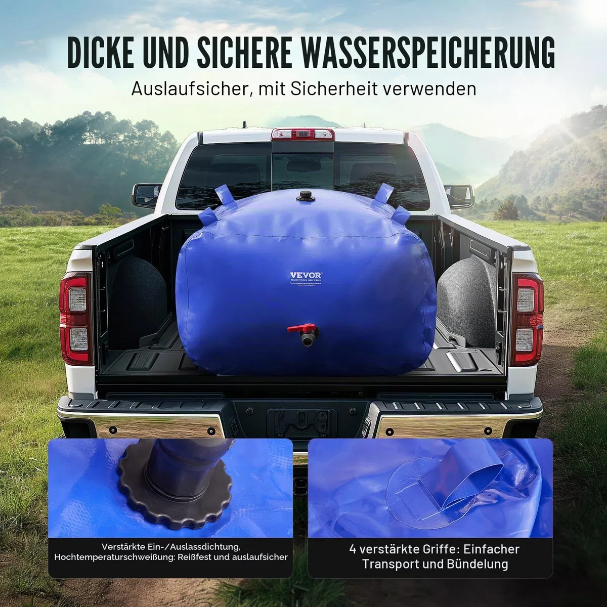 VEVOR 400L Wasserblasen Aufbewahrungsbehälter, Wassertank, 1000D blaues PVC, zusammenklappbare Wasserspeicherbehälter, Wasserbeutel mit großer Kapazität, tragbarer Wasserbehälter, Brandschutz, Camping