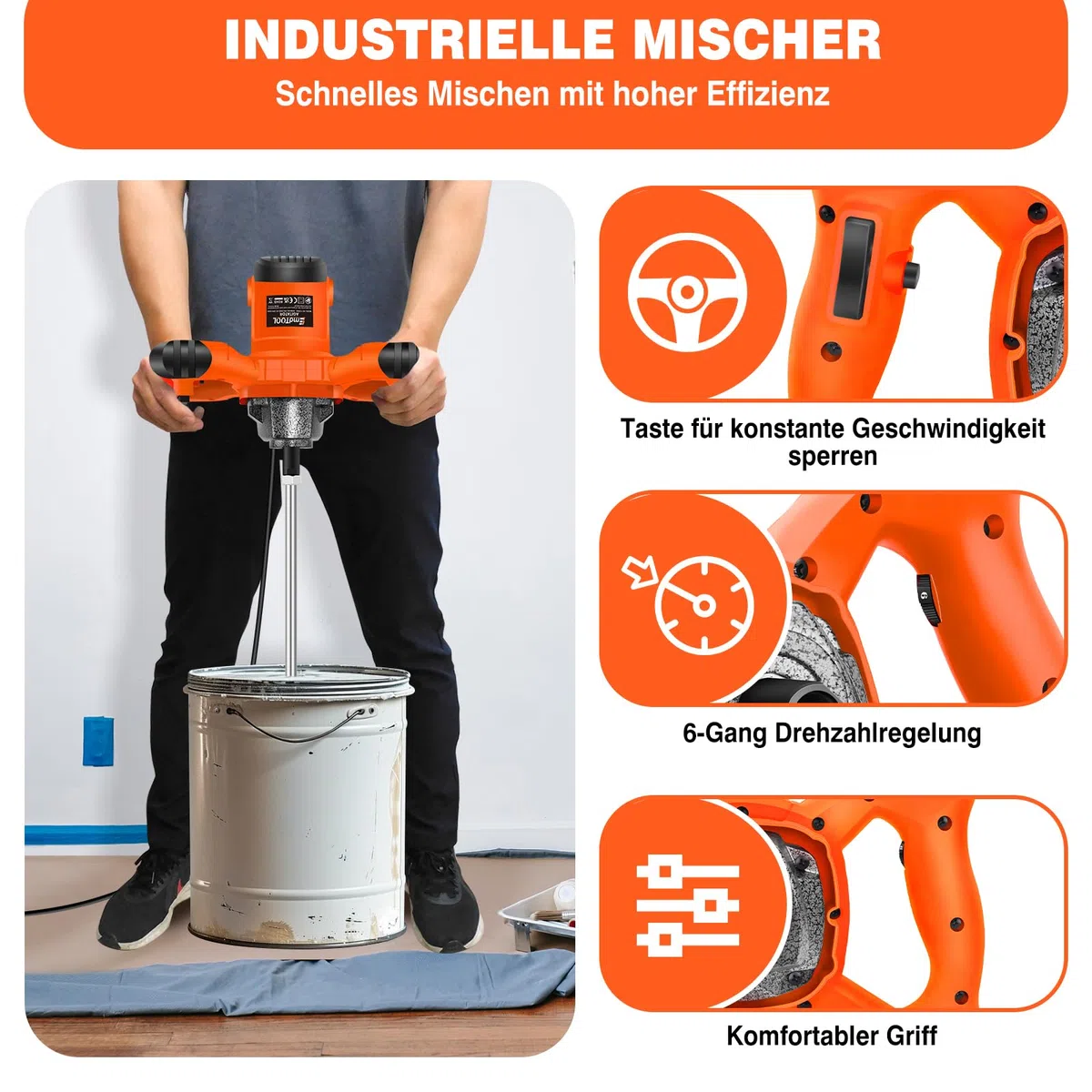 Orange Rührwerk mit starken 2600 Watt – Farb-Mörtelrührer Betonrührer – robustes 6-Gang-Metallgetriebe – Mit großem Rührquirl Ø120 mm und ergonomischem Griff - Rührwerk Handrührwerk
