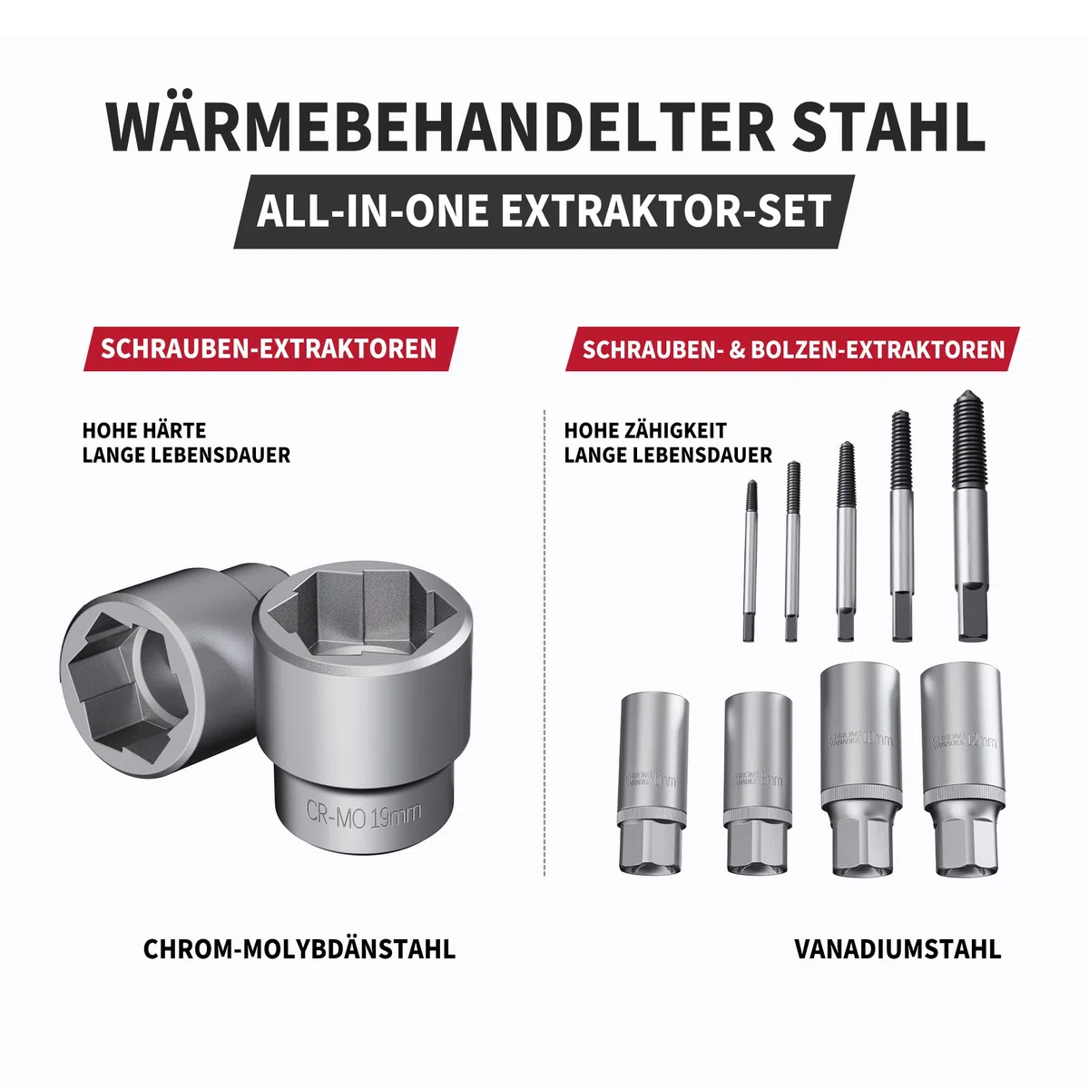 CCLIFE Schrauben-& Bolzen-Extraktor Steckschlüssel-Set, 3/8"(9 Größen 10–19mm)+1/2"(4 Größen 6–12 mm)+M3–M18 Schraubenextraktoren, aus Chrom-Vanadium-Stahl, Handbetrieb, für Auto-Reparatur&Heimwerker