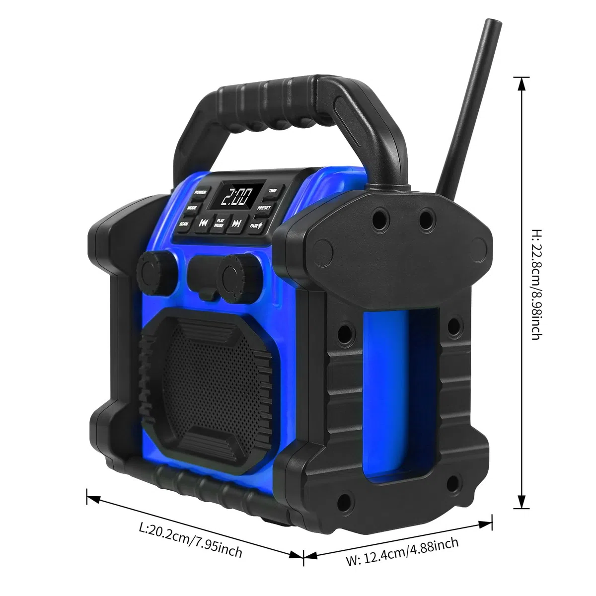 Baustelleradio Outdoor Lautsprecher Bluetooth Wireless, 30W IPX 66 wasserdicht FM-Uhr-Radio, tragbar mit LED-Lichtern, Kollisionsschutzradios für Outdoor/Arbeit/Garage (P250)