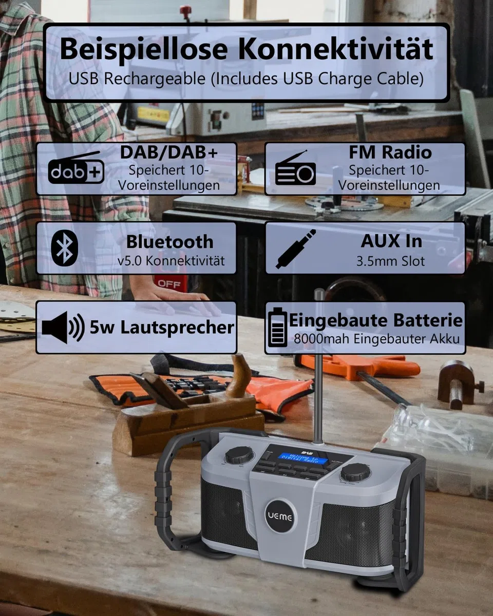 Baustellenradio DAB+ FM mit Akku, IP54 Wasserdicht & Staubdicht, Akku-Laufzeit bis 10h, 6W Stereo Lautsprecher, Bluetooth 5.0/Aux, Outdoor Digitalradio UKW mit Wecker(Grau)