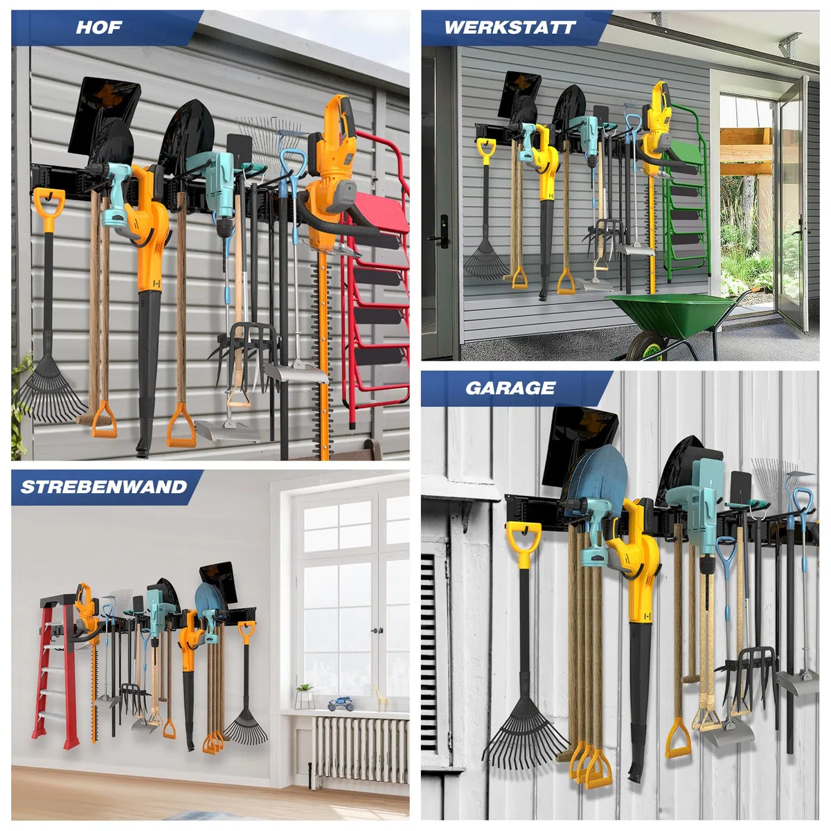 Sttoraboks Werkzeug-Wandregal, verstellbar Wandhalterungen für Garage und Garten mit 8 Haken & 3 Schienen, Hochbelastbares Werkzeugregal bis 204kg, für Garage, Garten, Ski, Besen, Rechen