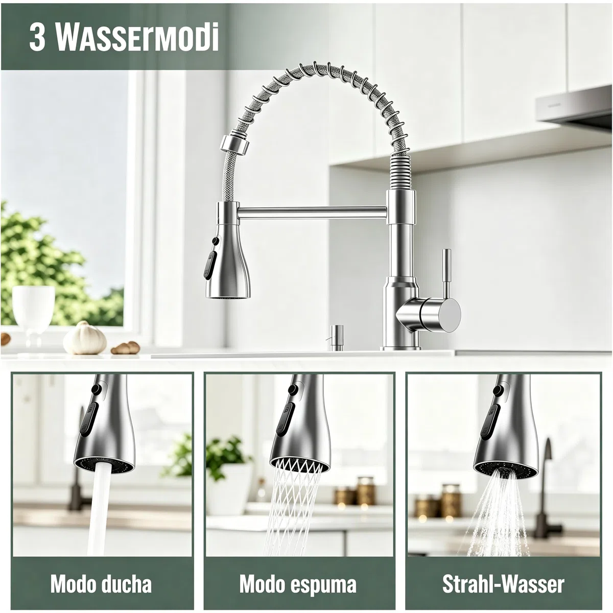 Einhebel-Küchenarmatur aus Edelstahl (Grohe-Style), Hochglanz-Chrom-Oberfläche (Silber) – inkl. Montagezubehör, kompatibel mit britischen Standardanschlüssen (Drahtumwickelt, Silber)