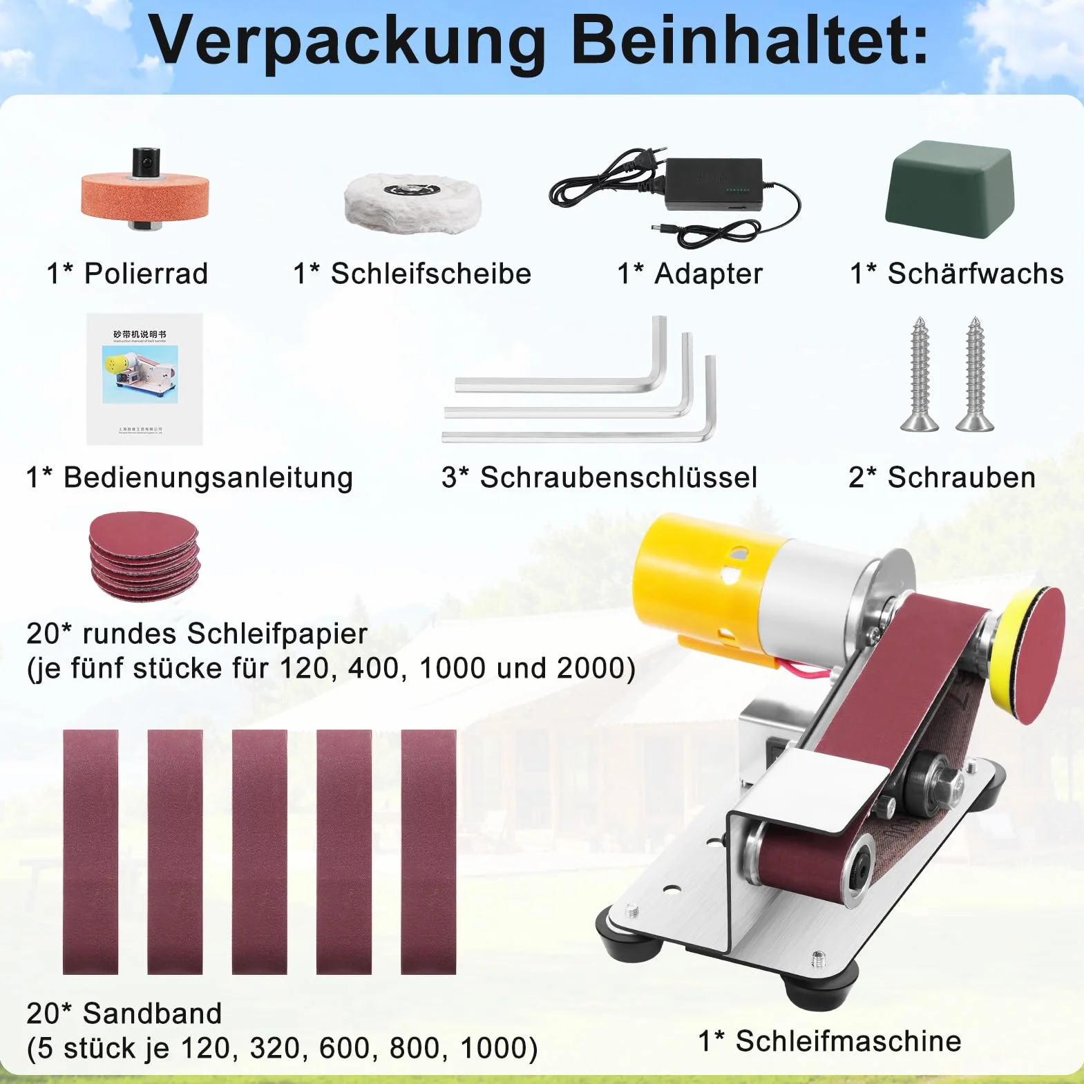 Elektrischer Bandschleifer, 7-Stufig Verstellbarer Polierer mit 20-Schleifbändern und 20-Stück Schleifpapier, Bandschleifmaschine für Metallpolieren, Holzpolieren und Werkzeugschleifen