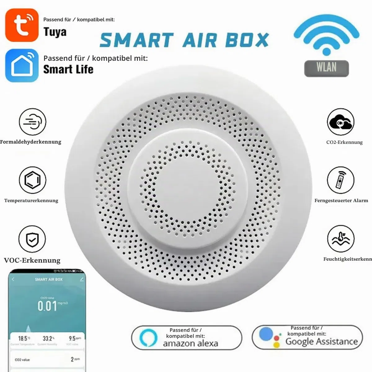 Smart Luftqualitätsmonitor: WLAN-Innenluftqualitätsmesser erkennt CH2O, CO2, VOC, Temperatur und Luftfeuchtigkeit, App-Steuerung, Thermometer-Feuchtigkeitsmonitor für Smart-Home-Automatisierung
