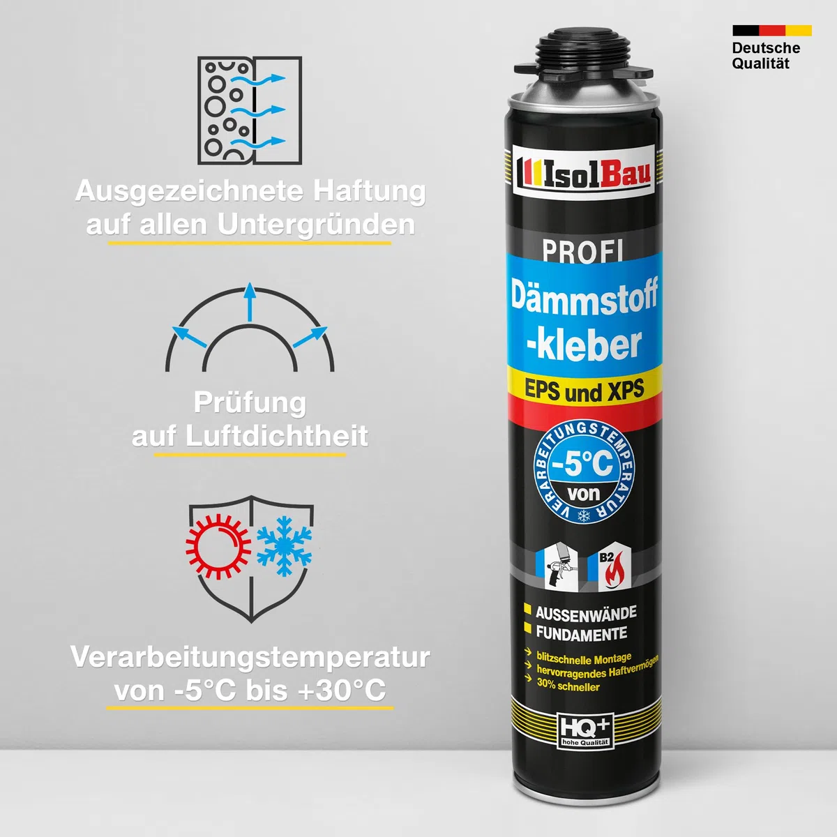 Isolbau B2 Dämmstoffkleber SET - 4 x 750 ml Perimeterkleber, 1 x PU-Schaum-Reiniger & 1x Schaumpistole für EPS & XPS-Platten - 1K PU-Klebeschaum für Fixieren und Isolieren
