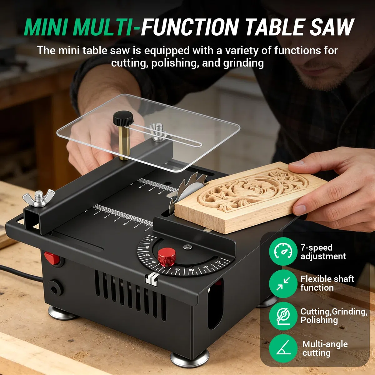 Mini Tischkreissäge mit 4 Klingen, 100W Mini Tischsäge mit 7-Gang-Netzteil Einstellbarer, 0,1-16mm Sägeblatt Höhenverstellbarer, Multifunktionale Tragbare Präzisions Kreissäge für Handwerk