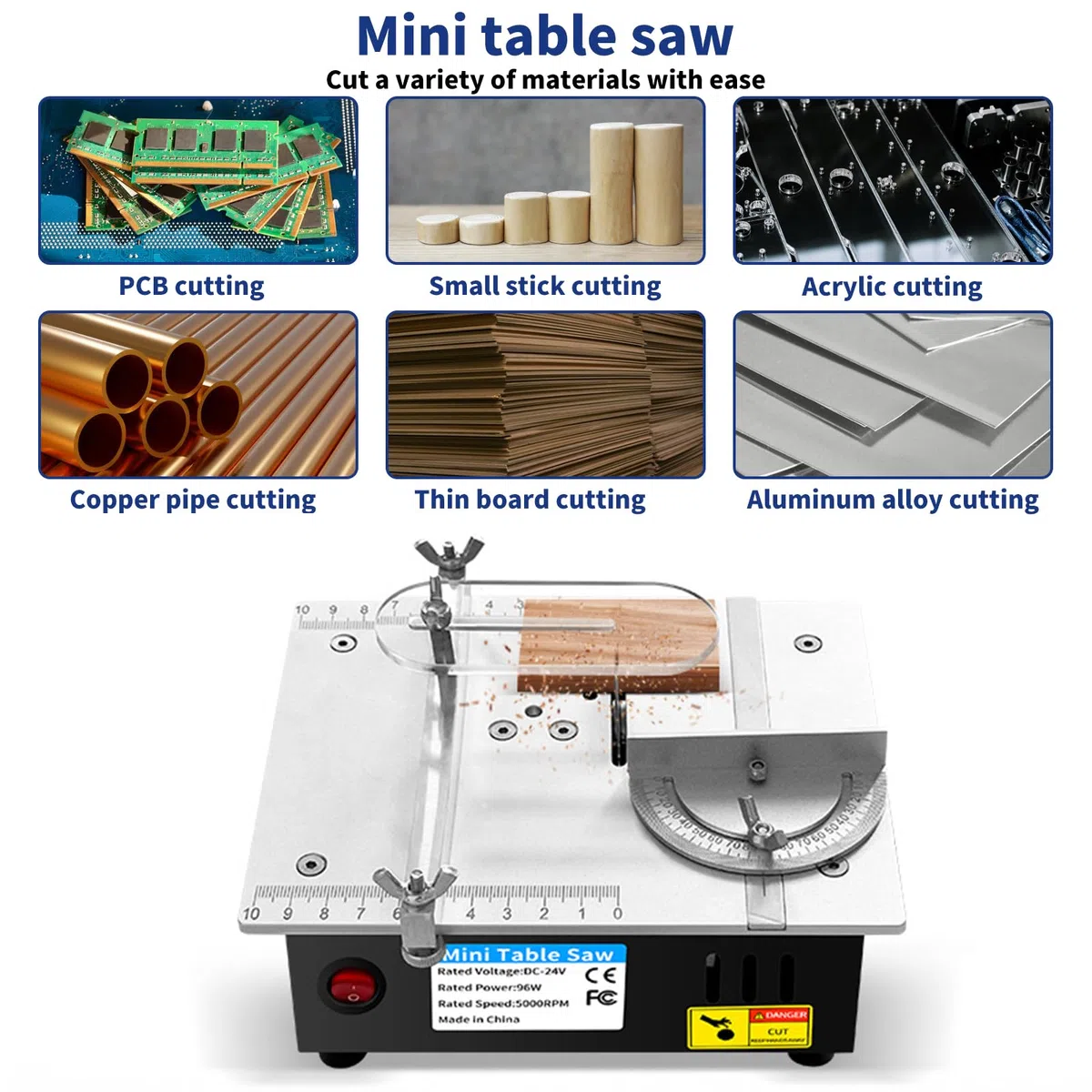 Mini Tischkreissäge, 96W 5000 rpm Mini Multifunktions Tischsäge mit Kreissägeblatt, 7 Gang Netzteil Einstellbarer, Schnitthöhe 0-15mm Elektrische Tischsägen für DIY Schneiden Modellieren