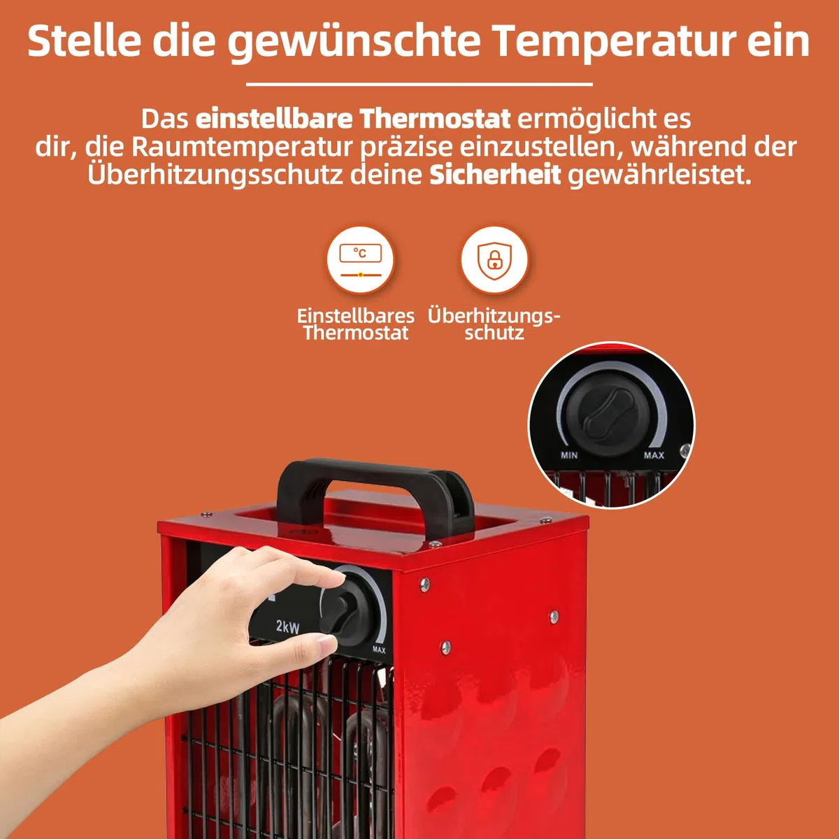 SHX Industrie-Heizlüfter 2000W SHX308HEAT2022 – 2000 Watt, Heizelement aus rostfreiem Stahl, 3 Betriebsmodi, spritzwassergeschützt, einstellb. Thermostat, Überhitzungsschutz, Tragegriff, rot/schwarz