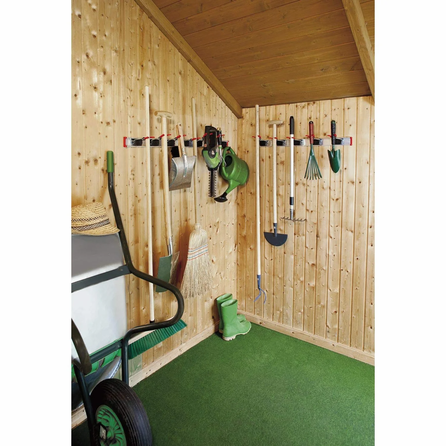 Bruns Gerätehalter 100 cm - 2 Schienen mit 14 Halter und 4 Haken - Gartengerätehalter, Besenhalterung Wandhalterung Spannbereich 0-50mm, schwarz/rot