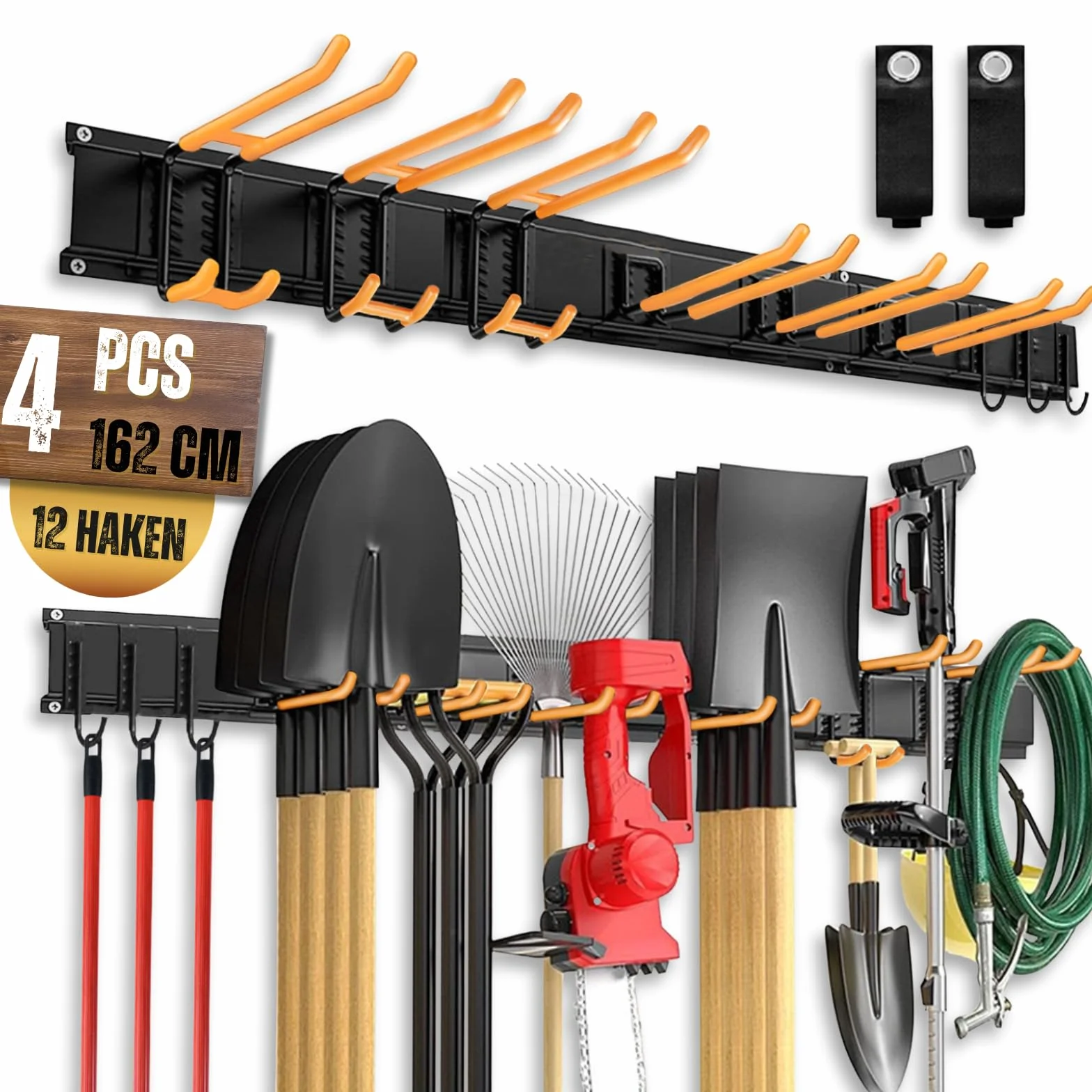 Garagen Gerätehalter Verstellbar 162.4cm (4 Schienen) + 12 Haken mit Anti-Rutsch-Überzügen + 2 Tragegurte, Wandhalterung Gartengerätehalter für Garage, Werkstatt, Garten, Helm, Besen & Rechen