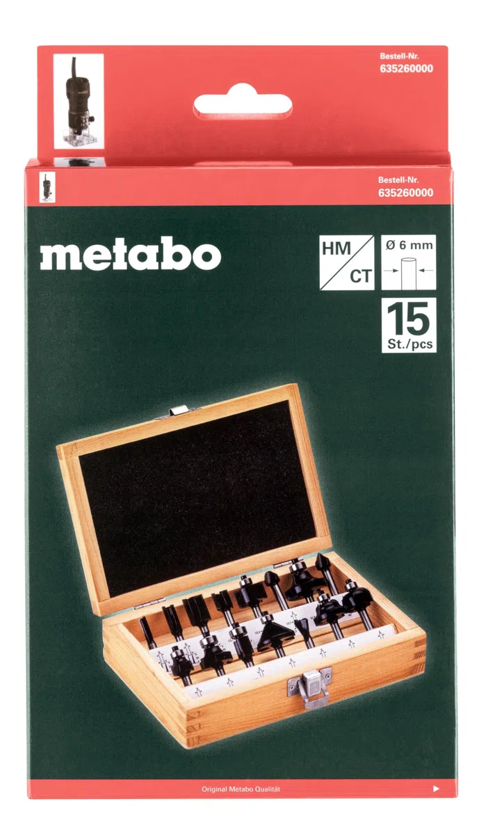 metabo Fräsersortiment SP 15-teilig, 6 mm Schaft Fräser-Set für Holz | Nut-, Fase-, Profil- & Bündigfräser für Oberfräsen, präzise Kantenbearbeitung, inklusive Zinkenfräser & Scharniernutfräser