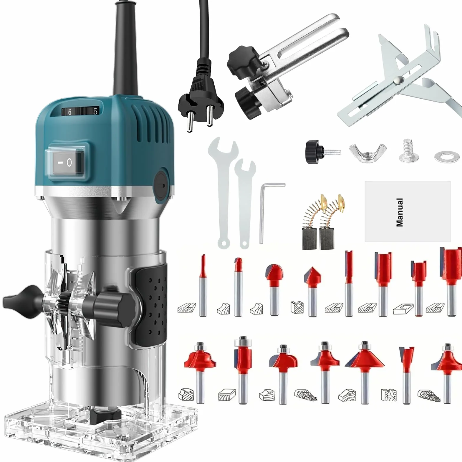 Holzfräse Oberfräse,800W 28000rpm Einhandfräse Kantenfräse Oberfräse Trimmer,6 Geschwindigkeit Electric Holz Fräse Tragbarer Handfräse Handpalmenfräser mit 15 Stück Fräser Für Holzbearbeitung