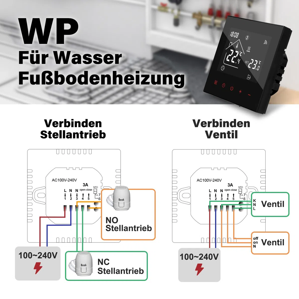Thermostat Fussbodenheizung Smart für Wasser Fußbodenheizung, Beok WiFi Raumthermostat Thermostate Heizung Digital Programmierbar Kompatibel Alexa, Google Home 3A 230V TDR89B-WIFI-WP Schwarz